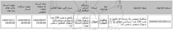 مناقصه عمومی یک مرحله ای  تکمیل و نصب 150 عدد شیرآتش نشانی در شهرک صنعتی شمس آباد 