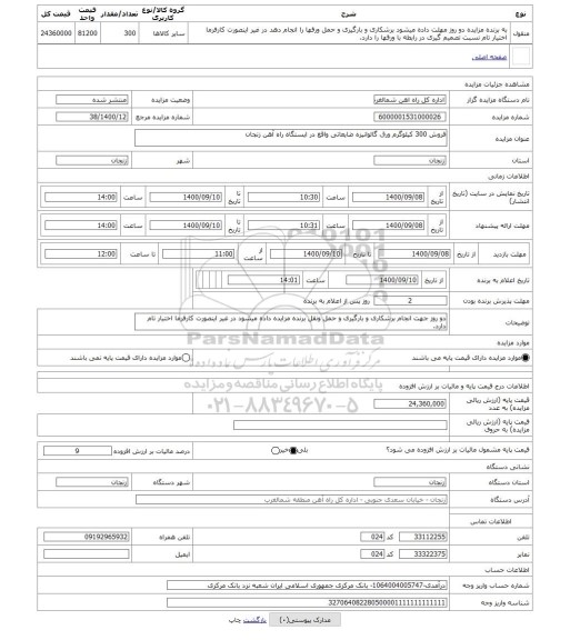 مزایده ، فروش 300 کیلوگرم ورق گالوانیزه ضایعاتی واقع در ایستگاه راه آهن زنجان