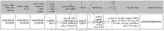 مناقصه عمومی همزمان با ارزیابی (فشرده) یک مرحله ای اجرای جدولگذاری روستای خاصه لر شهرستان اسکو