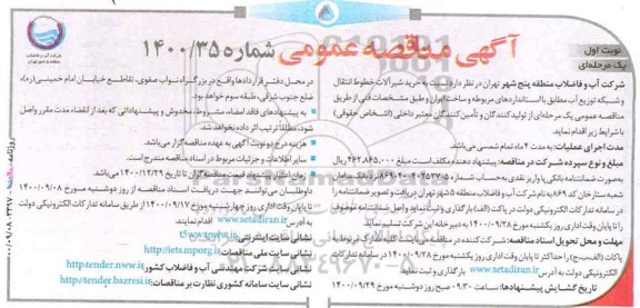 مناقصه خرید شیرآلات خطوط انتقال و شبکه توزیع آب