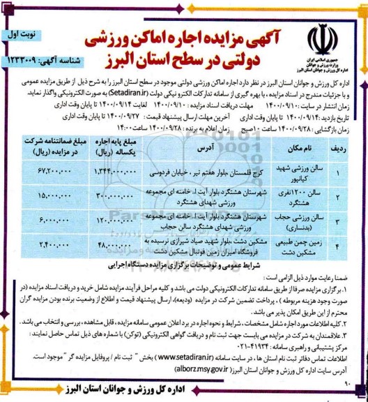 مزایده،مزایده اجاره اماکن ورزشی دولتی