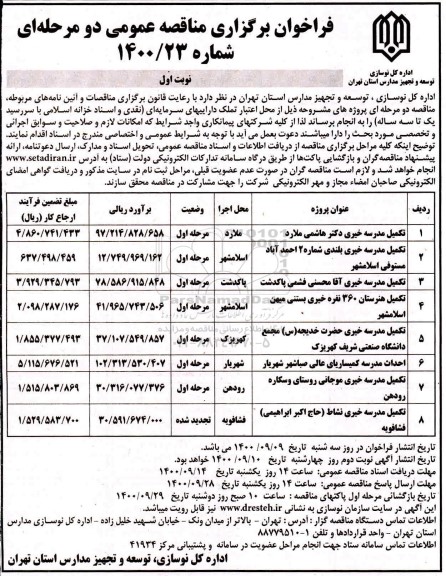 فراخوان مناقصه تکمیل مدرسه و...