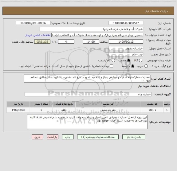 استعلام عملیات حفاری،لوله گذاری و آزمایش پمپاژ چاه جدید شهر سمیع اباد -شهرستان تربت جام-مطابق ضمائم پیوست