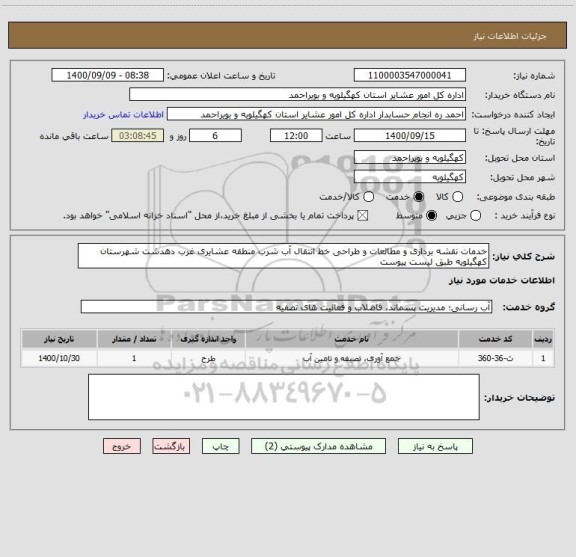 استعلام خدمات نقشه برداری و مطالعات و طراحی خط انتقال آب شرب منطقه عشایری غرب دهدشت شهرستان کهگیلویه طبق لیست پیوست