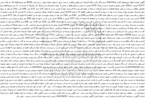 آگهی مزایده ششدانگ یکدستگاه آپارتمان مسکونی واقع در سمت جنوب شرقی طبقه چهار ب مساحت 69/94 متر مربع