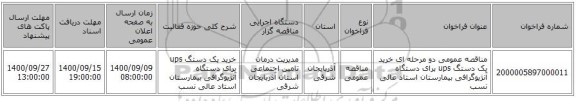 مناقصه عمومی دو مرحله ای خرید یک دستگ ups برای دستگاه آنژیوگرافی بیمارستان استاد عالی نسب