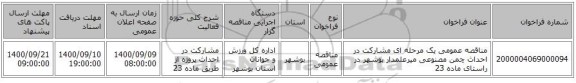 مناقصه عمومی یک مرحله ای مشارکت در احداث چمن مصنوعی میرعلمدار بوشهر در راستای ماده 23