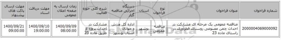مناقصه عمومی یک مرحله ای مشارکت در احداث چمن مصنوعی روستای فخرآوری در راستای ماده 23
