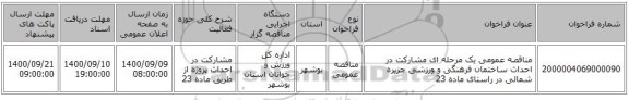 مناقصه عمومی یک مرحله ای مشارکت در احداث ساختمان فرهنگی و ورزشی جزیره شمالی در راستای ماده 23