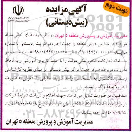مزایده، مزایده اجاره فضای خالی مازاد موجود در مدارس دولتی - نوبت دوم