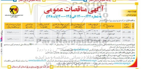 مناقصه خرید 300 کیلومتر انواع کابل خودنگهدار 	...