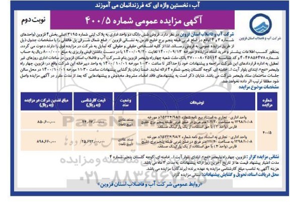 مزایده،مزایده فروش ششدانگ دو واحد اداری نوبت دوم