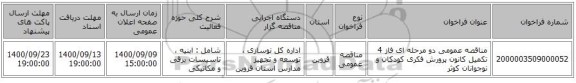 مناقصه عمومی دو مرحله ای فاز 4 تکمیل کانون پرورش فکری کودکان و نوجوانان کوثر