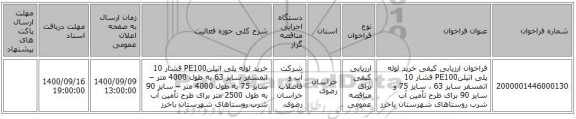 فراخوان ارزیابی کیفی خرید لوله  پلی اتیلنPE100   فشار 10 اتمسفر سایز 63 ، سایز 75 و سایز 90 برای طرح تأمین آب شرب روستاهای شهرستان باخرز 