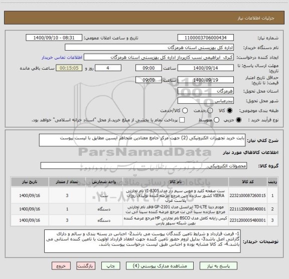 استعلام بابت خرید تجهیزات الکترونیکی (2) جهت مرکز جامع معتادین متجاهر ایسین مطابق با لیست پیوست