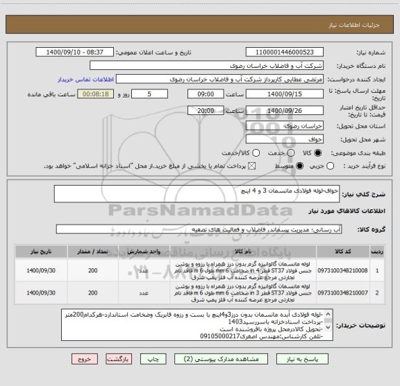 استعلام خواف-لوله فولادی مانسمان 3 و 4 اینچ