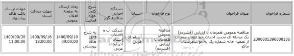 مناقصه عمومی همزمان با ارزیابی (فشرده) یک مرحله ای تجدید احداث خط انتقال دوم آب از تصفیه خانه شماره یک به دو شهرستان ماکو