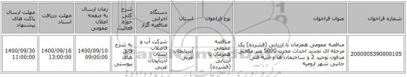 مناقصه عمومی همزمان با ارزیابی (فشرده) یک مرحله ای تجدید احداث مخزن 5000 متر مکعبی مدفون توحید 2 و ساختمان ها و ابنیه فنی جانبی شهر ارومیه