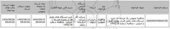 مناقصه عمومی یک مرحله ای خرید ایستگاه های تقلیل فشار بهمراه هیتر و ادورایزر - مناقصه شماره 1400/18