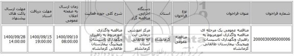 مناقصه عمومی یک مرحله ای مناقصه واگذاری امورمربوط به راهبری ونگهداری تاسیسات وپیجینگ بیمارستان طالقانی کزمانشاه