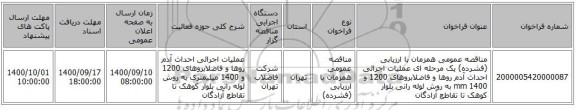 مناقصه عمومی همزمان با ارزیابی (فشرده) یک مرحله ای عملیات اجرائی احداث آدم روها و فاضلابروهای 1200 و 1400 mm به روش لوله رانی بلوار کوهک تا تقاطع آزادگان