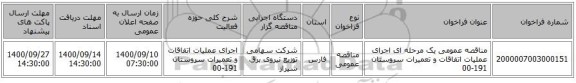 مناقصه عمومی یک مرحله ای اجرای عملیات اتفاقات و تعمیرات سروستان 191-00