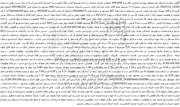 مزایده ششدانگ یکواحد آپارتمان دارای پلاک ثبتی 866 (هشتصد وشصت وشش) فرعی
