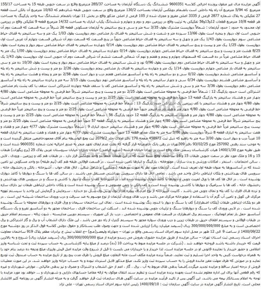 مزایده ششدانگ یک دستگاه آپارتمان به مساحت 285/37 مترمربع