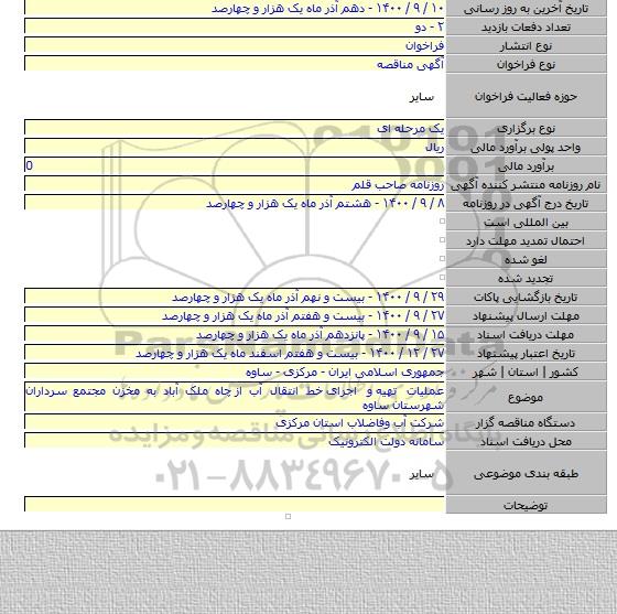 عملیات تهیه  و اجرای  خط انتقال آب از  چاه ملک آباد به مخزن مجتمع سرداران  شهرستان ساوه