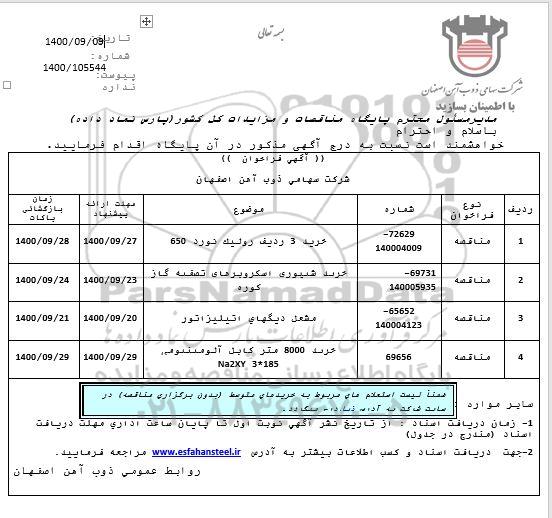 مناقصه خرید 3 ردیف رولیک نورد 650	 و  ...