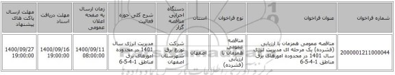 مناقصه عمومی همزمان با ارزیابی (فشرده) یک مرحله ای مدیریت انرژی سال 1401 در محدوده امورهای برق مناطق 1-4-5-6
