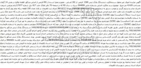 آگهی مزایده ششدانگ پلاک ثبتی 1369 فرعی از 181 اصلی