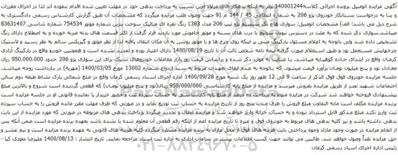آگهی مزایده سواری هاچ بک سیستم پژو تیپ 206