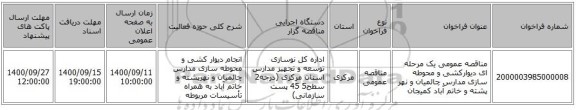مناقصه عمومی یک مرحله ای دیوارکشی و محوطه سازی مدارس چالمیان و نهر پشته و خاتم آباد کمیجان