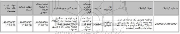 مناقصه عمومی یک مرحله ای خرید لوله چدن داکتیل تایتون پوشش دار قطر250 و  400 میلیمتر جهت منطقه دولت آباد و 5شهر اصفهان 