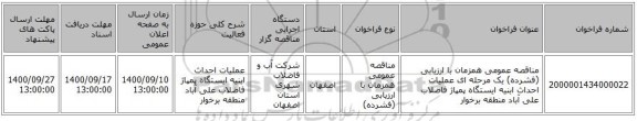 مناقصه عمومی همزمان با ارزیابی (فشرده) یک مرحله ای عملیات احداث ابنیه ایستگاه پمپاژ فاضلاب علی آباد منطقه برخوار