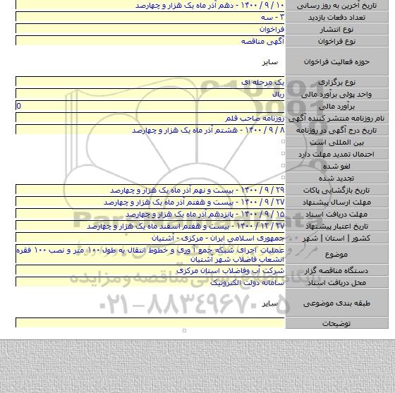 عملیات اجرای شبکه جمع آ وری و خطوط انتقال به طول ۱۰۰ متر و نصب ۱۰۰ فقره انشعاب فاضلاب شهر آشتیان