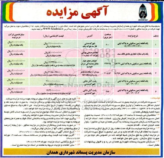 مزایده،مزایده واگذاری یک قطعه زمین مسکونی ...