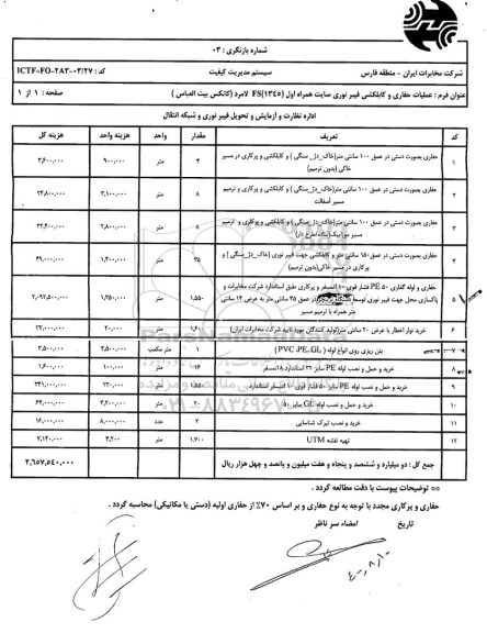 استعلام عملیات حفاری و کابل کشی فیبر نوری سایت همراه اول