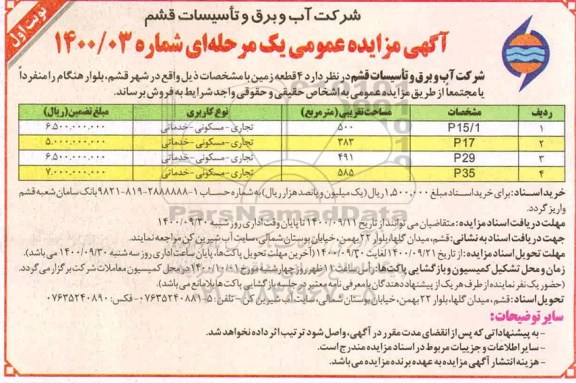 مزایده،مزایده فروش 4 قطعه زمین کاربری تجاری و مسکونی و خدمانی نوبت اول