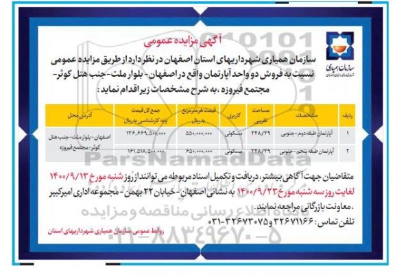 مزایده ،مزایده فروش دو واحد آپارتمان مسکونی