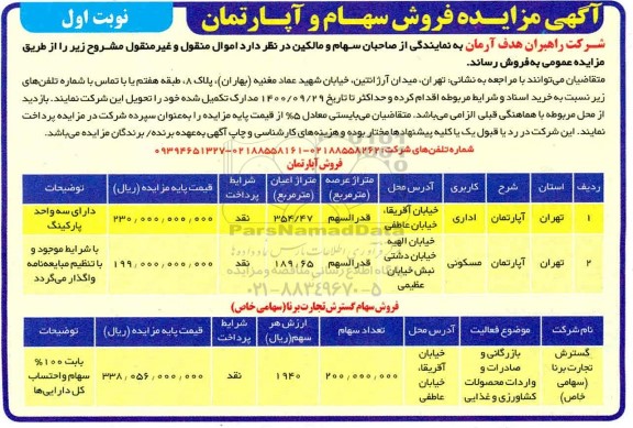مزایده فروش سهام و آپارتمان