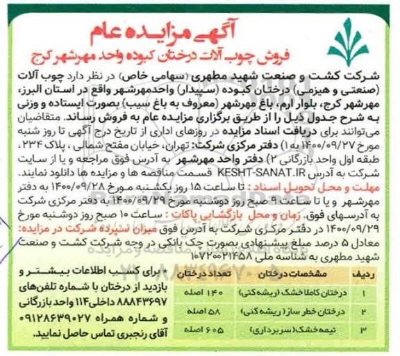 مزایده، فروش چوب آلات درختان کبوده واحد مهر شهر کرج