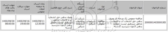 مناقصه عمومی یک مرحله ای وصول بدهی حق انشعاب آب و فاضلاب مناطق تبریزطبق لیست تحویلی بدهی 3دوره سررسید گذشته