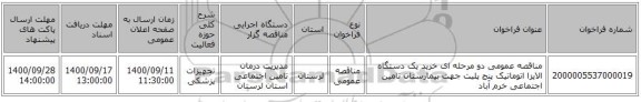 مناقصه عمومی دو مرحله ای خرید یک دستگاه الایزا اتوماتیک پنج پلیت جهت بیمارستان تامین اجتماعی خرم آباد