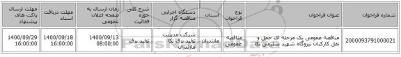 مناقصه عمومی یک مرحله ای حمل و نقل کارکنان نیزوگاه شهید سلیمی نکا