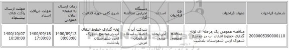 مناقصه عمومی یک مرحله ای لوله گذاری خطوط انتقال آب در مجتمع شهرک ارس شهرستان پلدشت