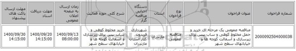 مناقصه عمومی یک مرحله ای خرید و حمل مخلوط کوهی و ساب بیس برای زیرسازی و آسفالت کوچه ها و خیابانهای  سطح شهر  