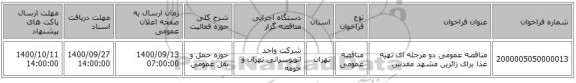 مناقصه عمومی دو مرحله ای تهیه غذا برای زائرین مشهد مقدس