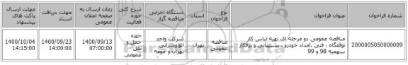 مناقصه عمومی دو مرحله ای تهیه لباس کار توقفگاه ، فنی ،امداد خودرو ، پشتیبانی و برقکار سهمیه 98 و 99